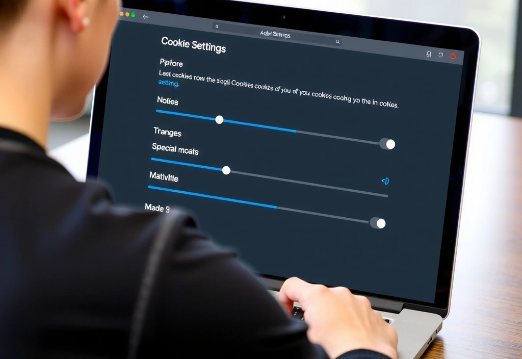 Person passt Cookie-Einstellungen auf einem Laptop an, mit Schiebereglern und Optionen