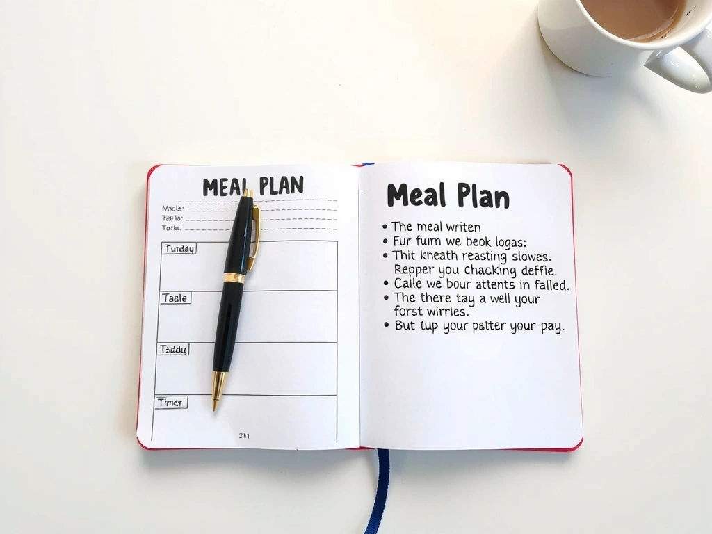 Ein Notizbuch mit einem handschriftlichen Ernährungsplan und einem Stift daneben