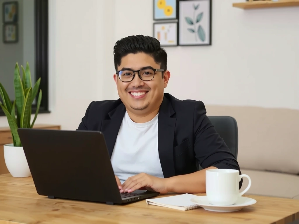 Eine lächelnde Person sitzt vor einem Laptop und nimmt an einer Online-Besprechung teil