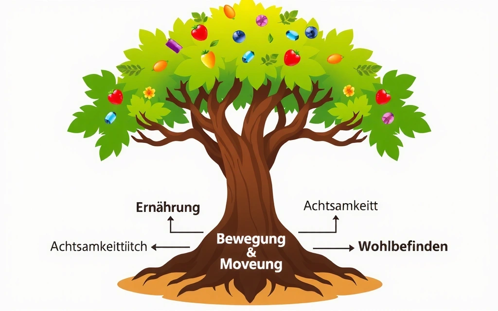 Illustration eines Baumes, dessen Wurzeln verschiedene Aspekte der Gesundheit symbolisieren: Ernährung, Geist, Körper